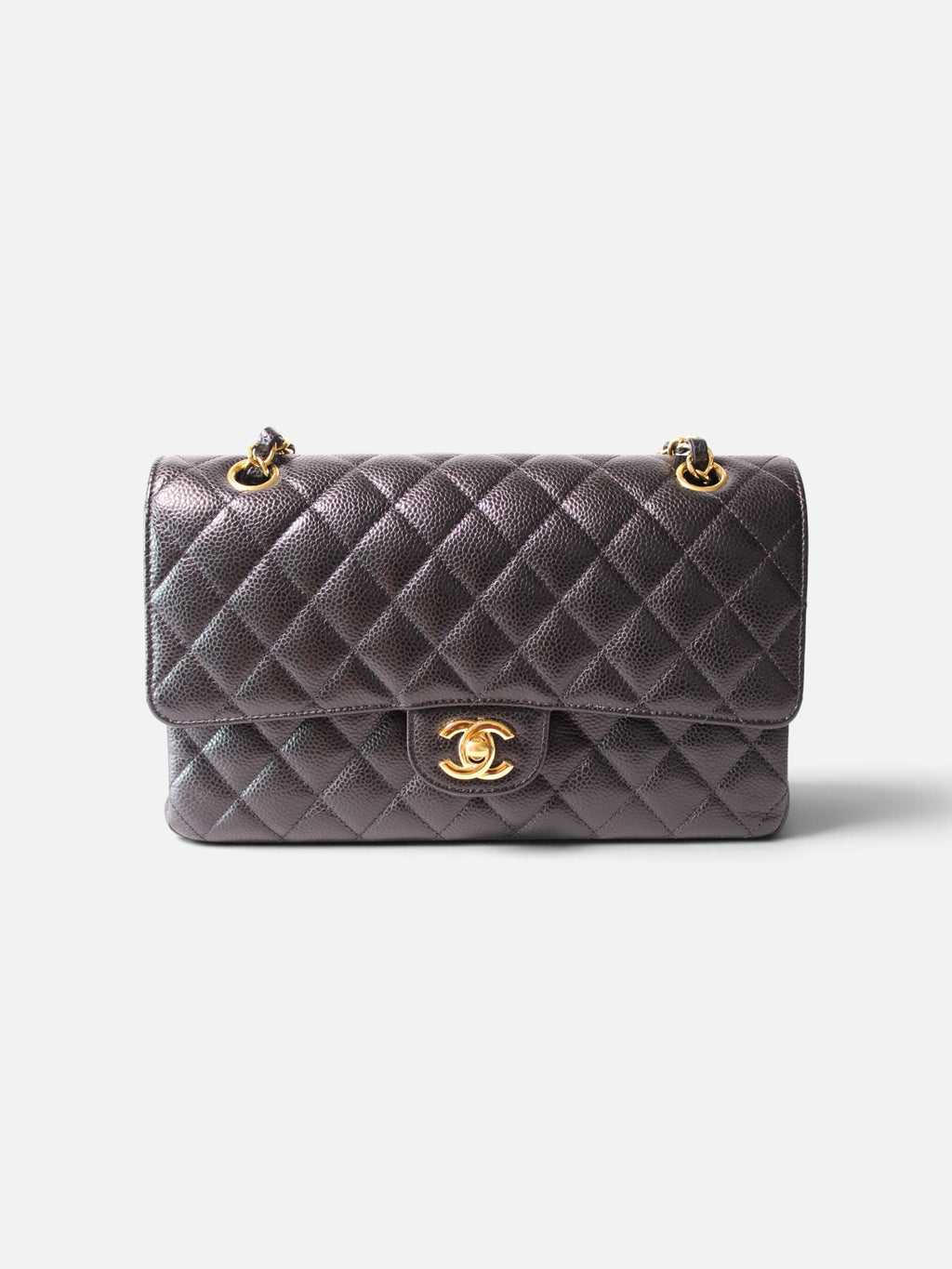 Bolso de hombro Hibiscx's Archive de piel caviar negra acolchada con herrajes dorados y logo frontal icónico.