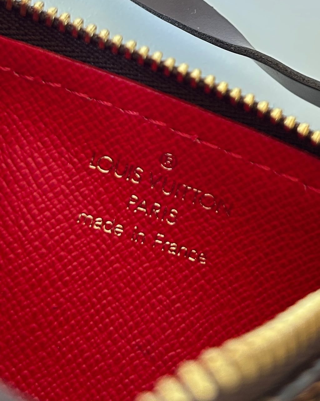 Detalle del interior rojo con grabado Louis Vuitton Paris en bolso Hibiscx's Archive de lona Damier Ebene
